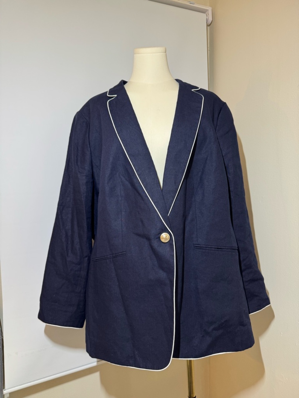 Talbots Plus Size 20W Navy Linen Blazer Gold Buttons Nautical Style